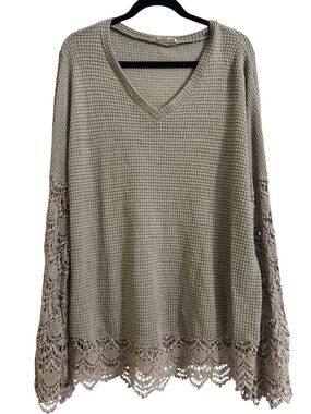 ANDTHEWHY Taupe Waffle Knit Lace Trim Long Sleeve Top V-Neck Oversized Small